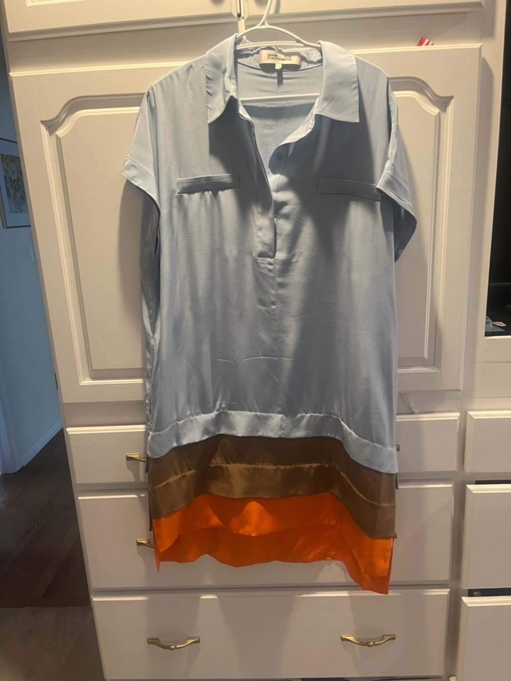 Diane Von Furstenberg Tricolor Short Sleeve Oversized Silk Shirt Dress M/L